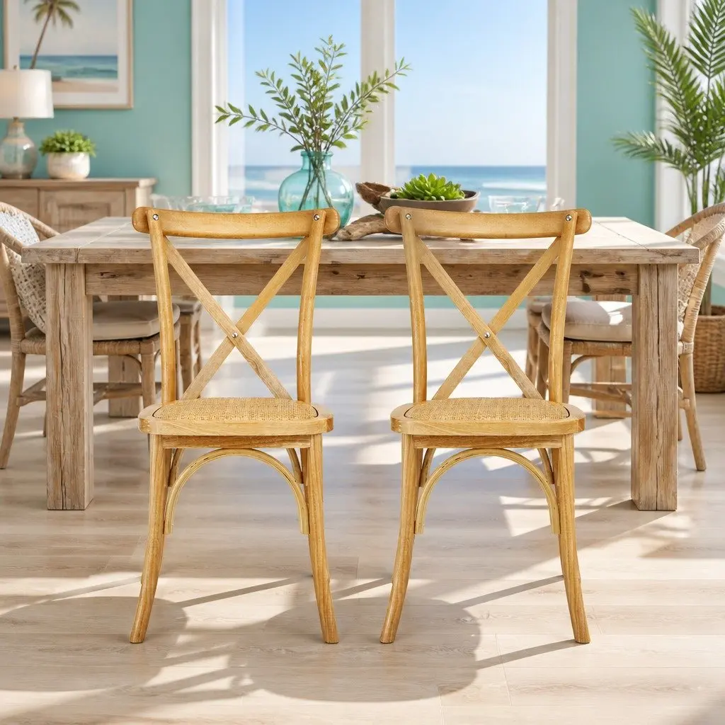 Dining Chairs Rattan Wooden Ergonomic Curved Backrest Natural Rubber Wood Frame