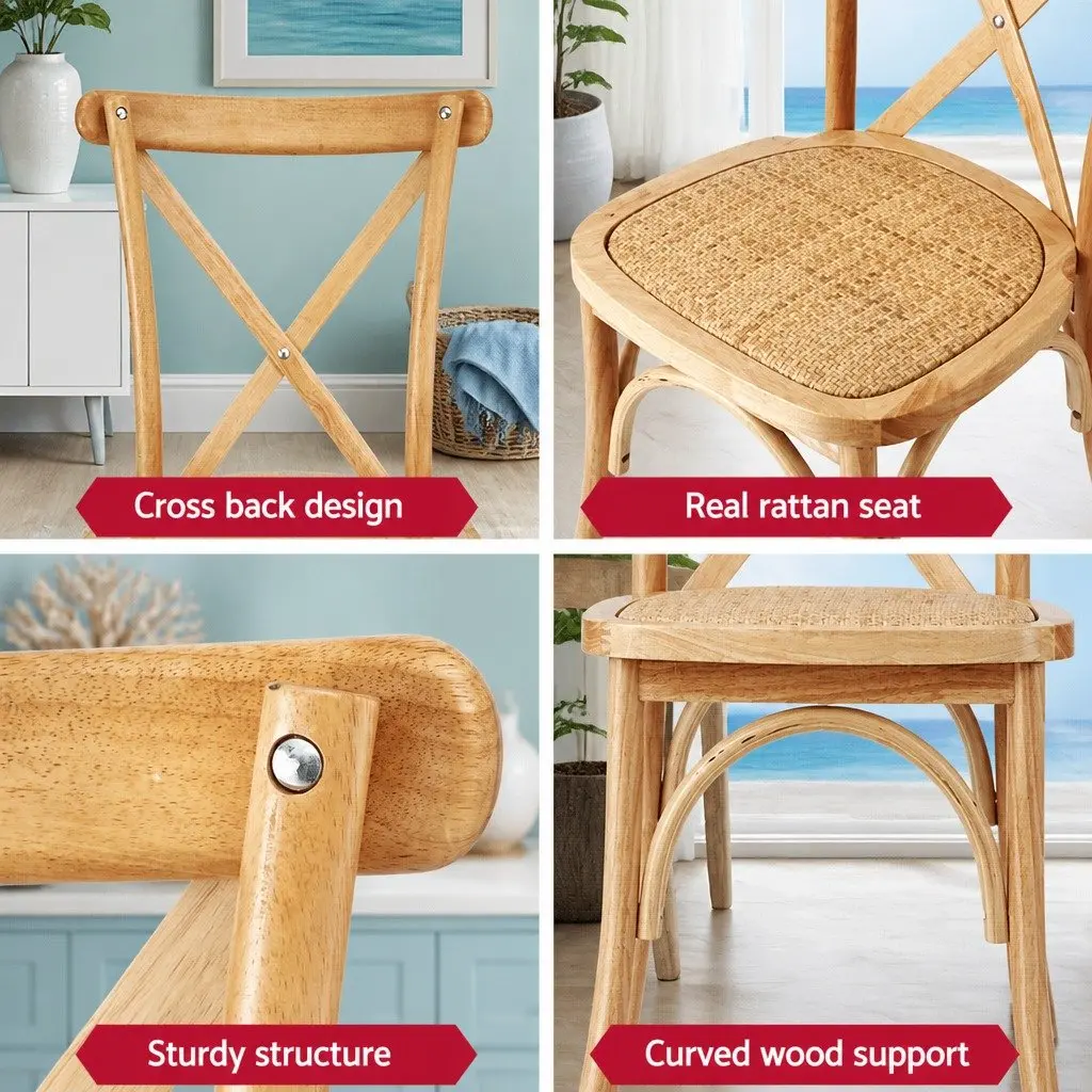 Dining Chairs Rattan Wooden Ergonomic Curved Backrest Natural Rubber Wood Frame