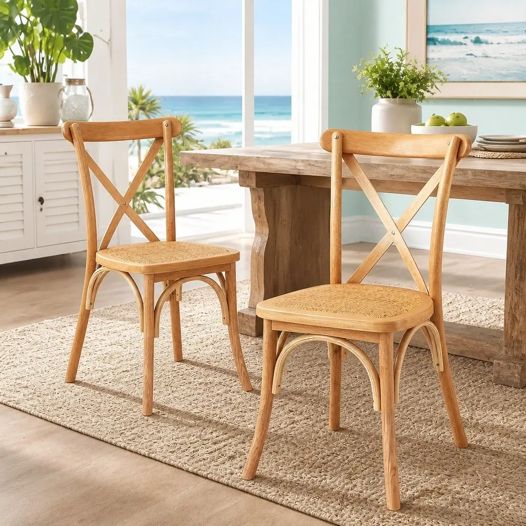 Dining Chairs Rattan Wooden Ergonomic Curved Backrest Natural Rubber Wood Frame