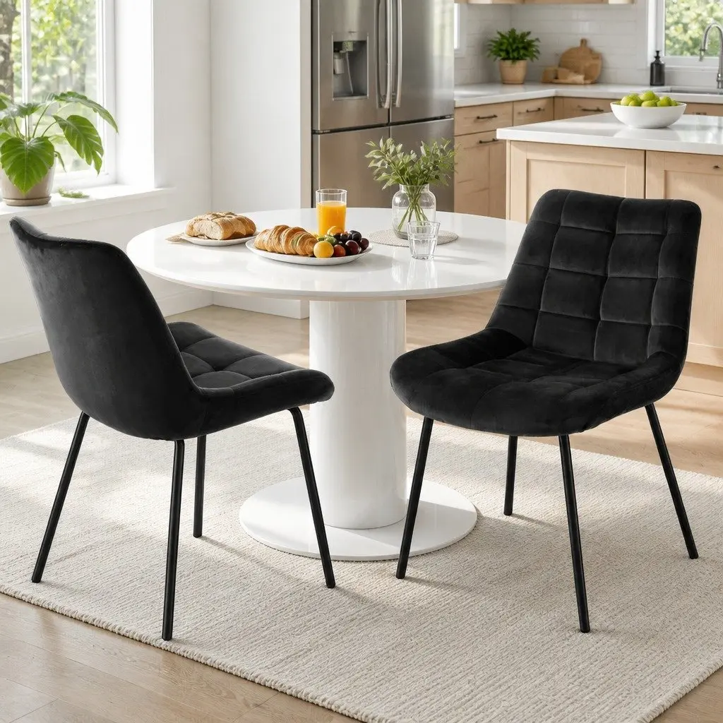 Dining Chairs Velvet Tufted Kitchen Lounge Accent Chair Black Metal Legs Set of