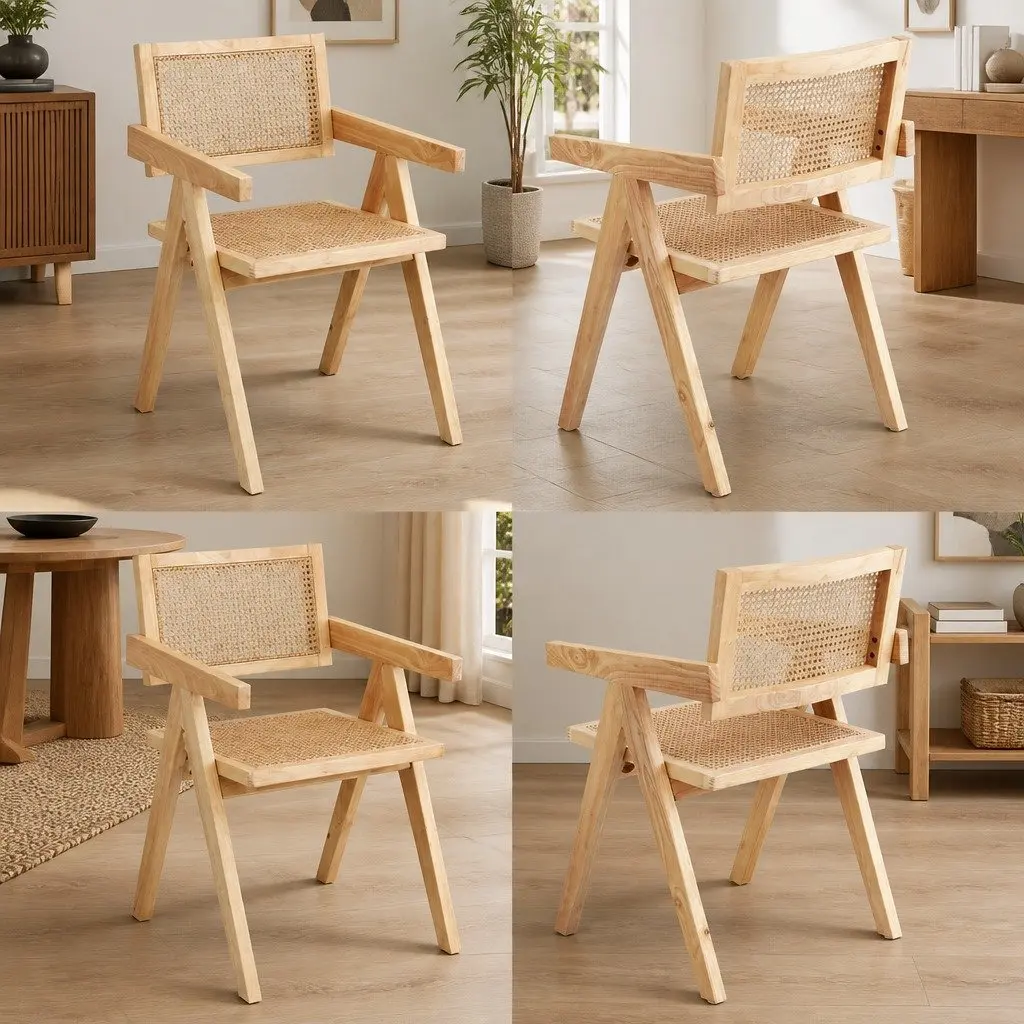 Set of 4 Dining Chairs with Rattan Seats and Wooden Frames