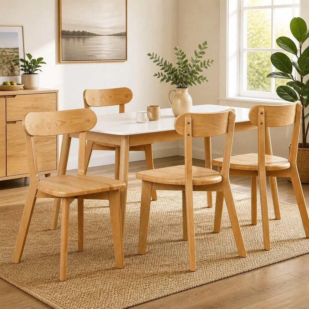 Dining Chairs Set of 4 Wooden Kitchen Accent Seating Rubber Wood Frame Natural