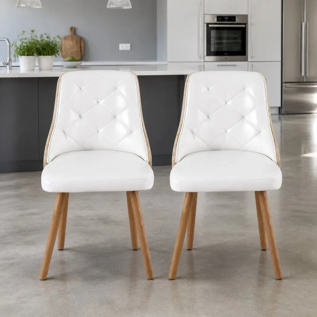 Dining Chairs White PU Leather Diamond Tufted Foam Padded Seat Set of 2