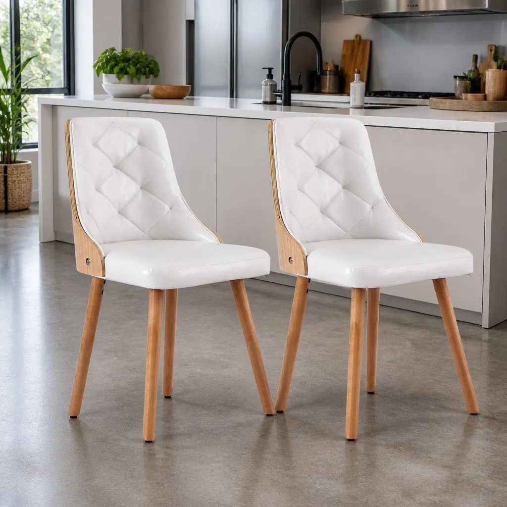 Dining Chairs White PU Leather Diamond Tufted Foam Padded Seat Set of 2