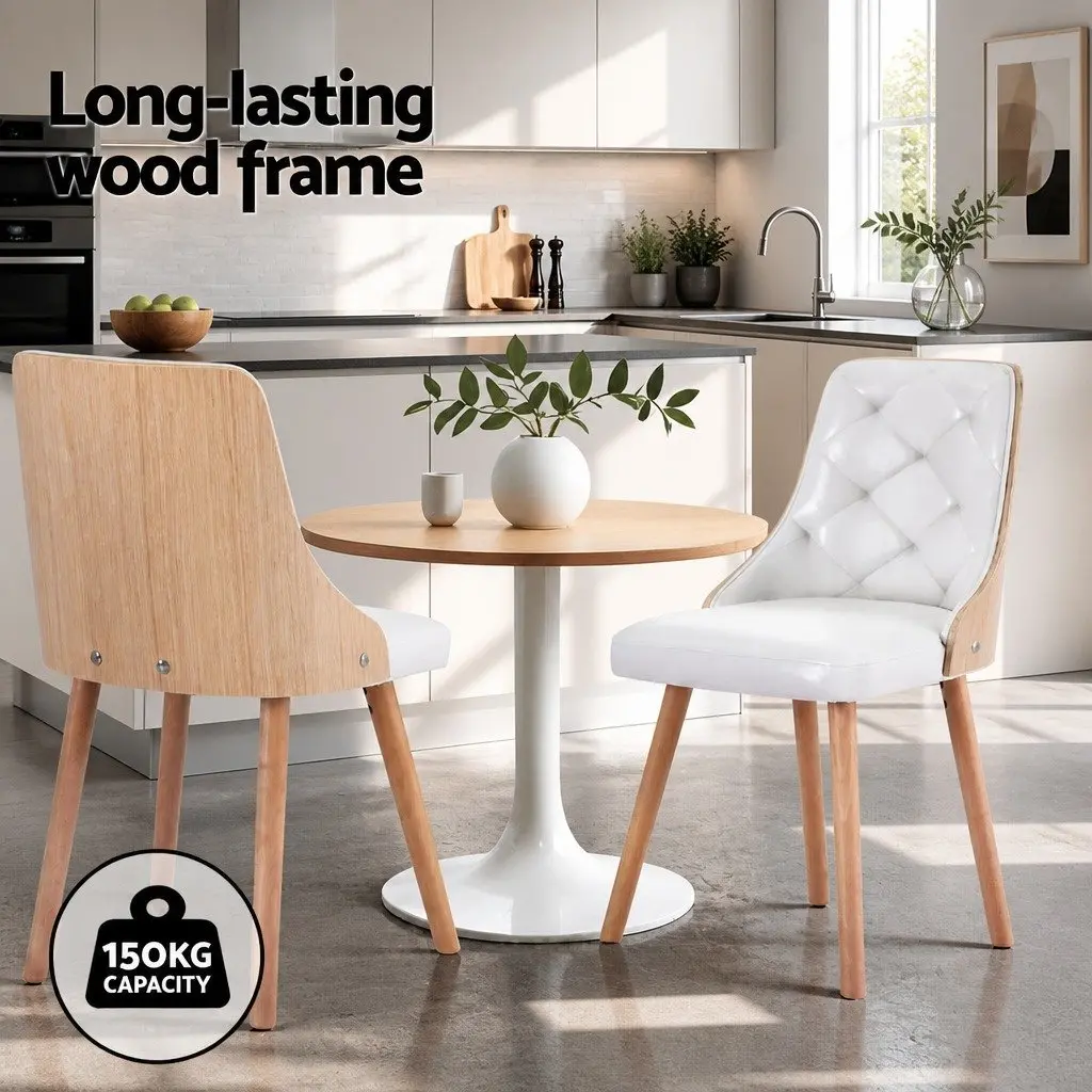 Dining Chairs White PU Leather Diamond Tufted Foam Padded Seat Set of 2