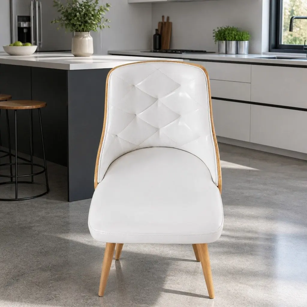 Dining Chairs White PU Leather Diamond Tufted Foam Padded Seat Set of 2