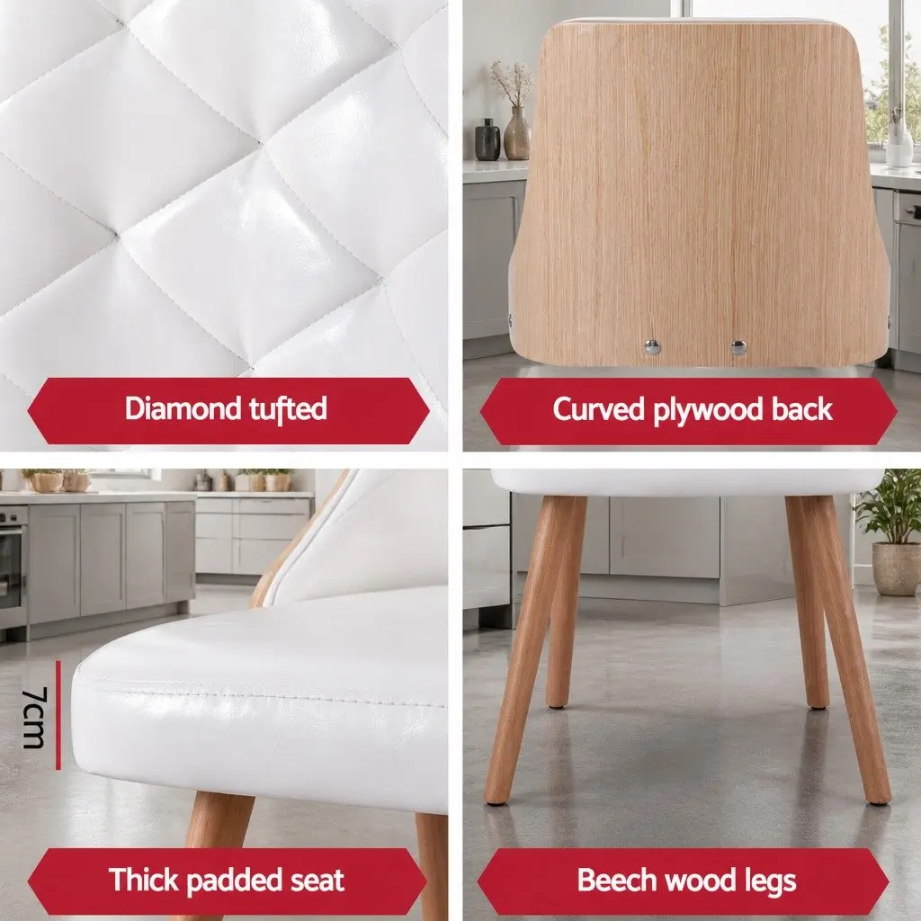 Dining Chairs White PU Leather Diamond Tufted Foam Padded Seat Set of 2