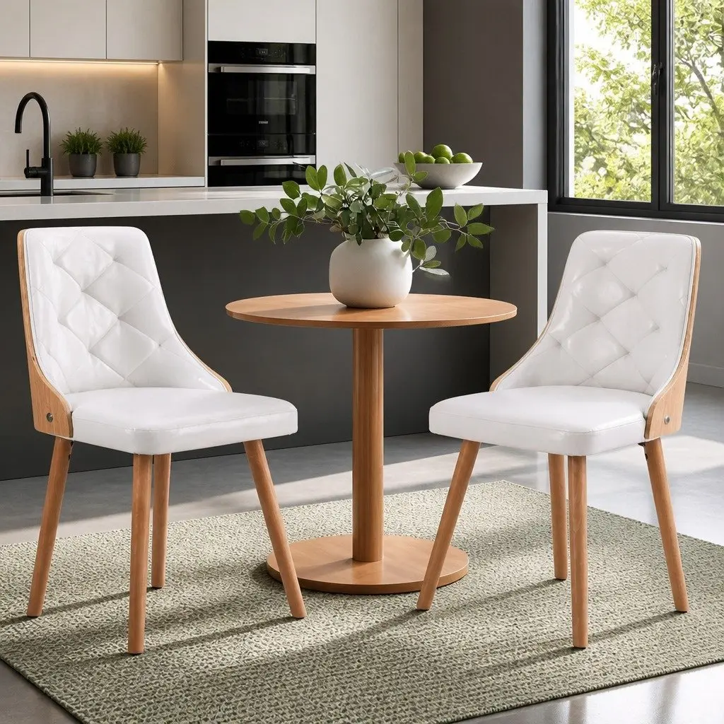Dining Chairs White PU Leather Diamond Tufted Foam Padded Seat Set of 2