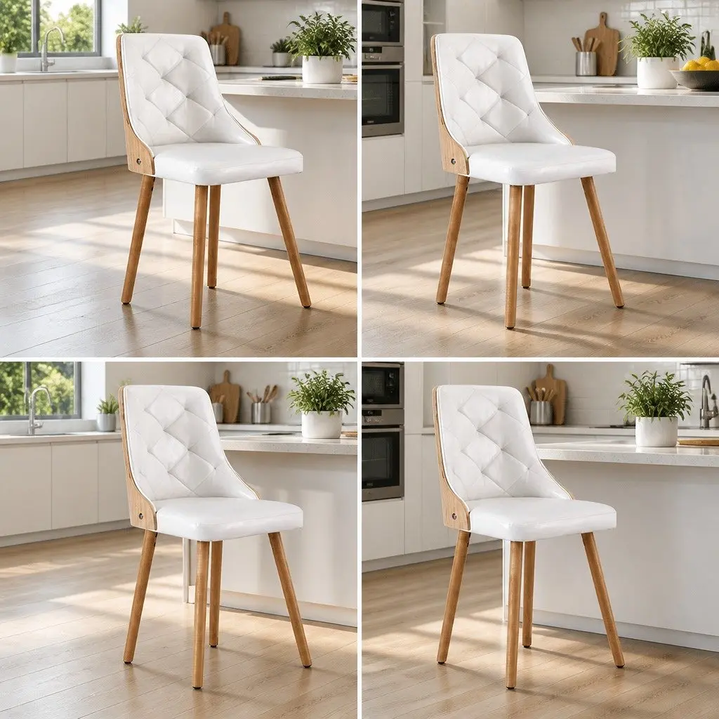 Dining Chairs Set of 4 White PU Leather Kitchen Seats Diamond Tufted Design