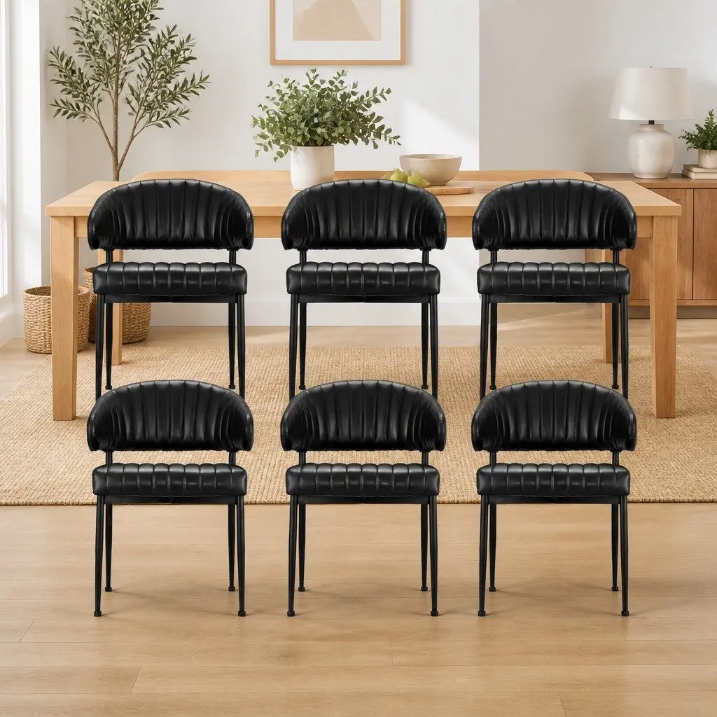 Dining Chairs Set of 6 Black Leather Padded Cushion Metal Frame