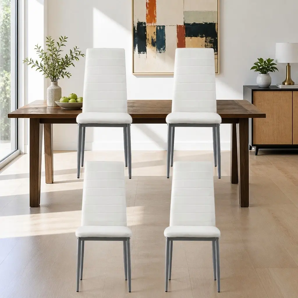 Dining Chairs Channel Tufted Tall Backrest PVC Seat Set of 4 White Grey