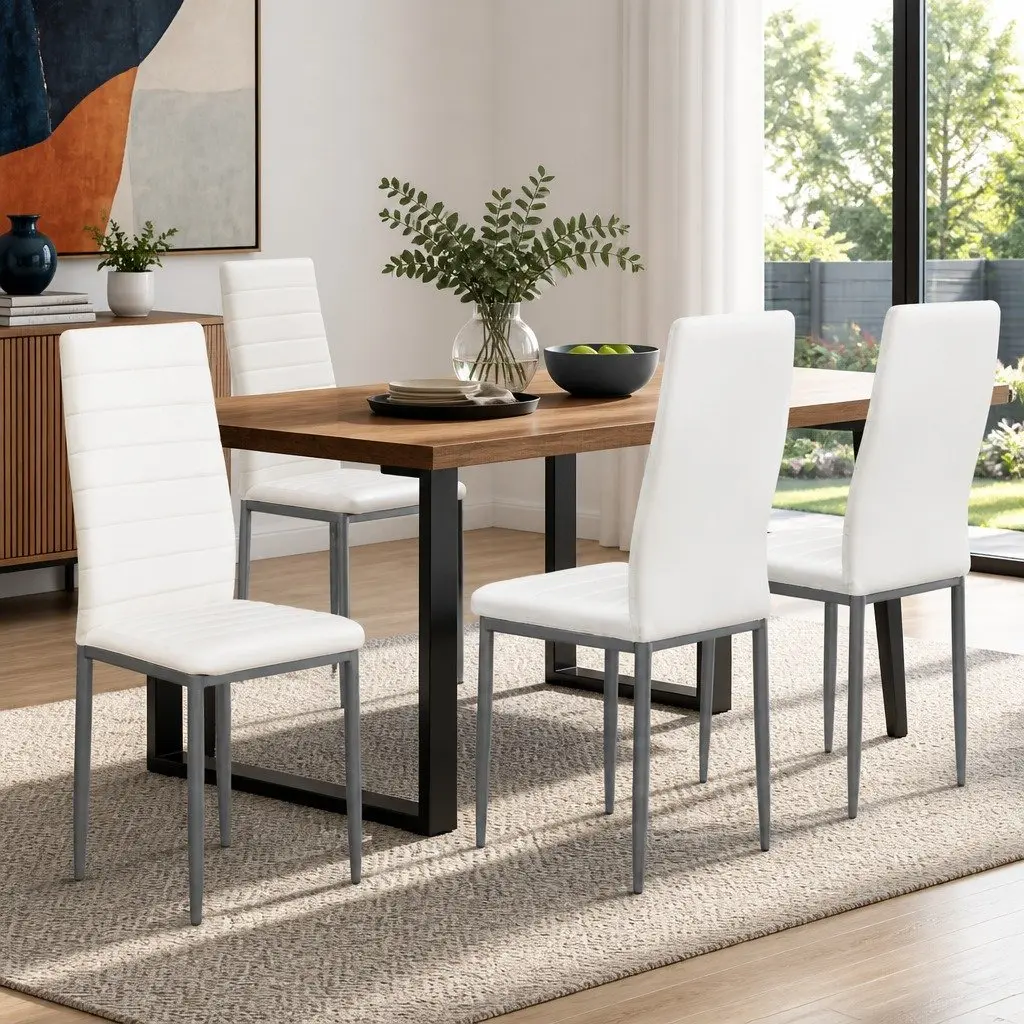 Dining Chairs Channel Tufted Tall Backrest PVC Seat Set of 4 White Grey