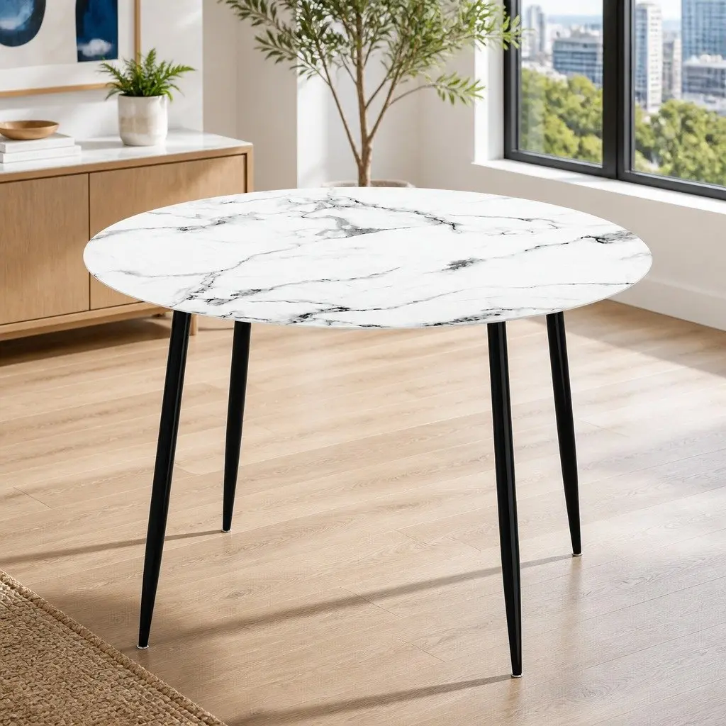 Round Dining Table 110CM White Marble Effect Particle Board Metal Legs