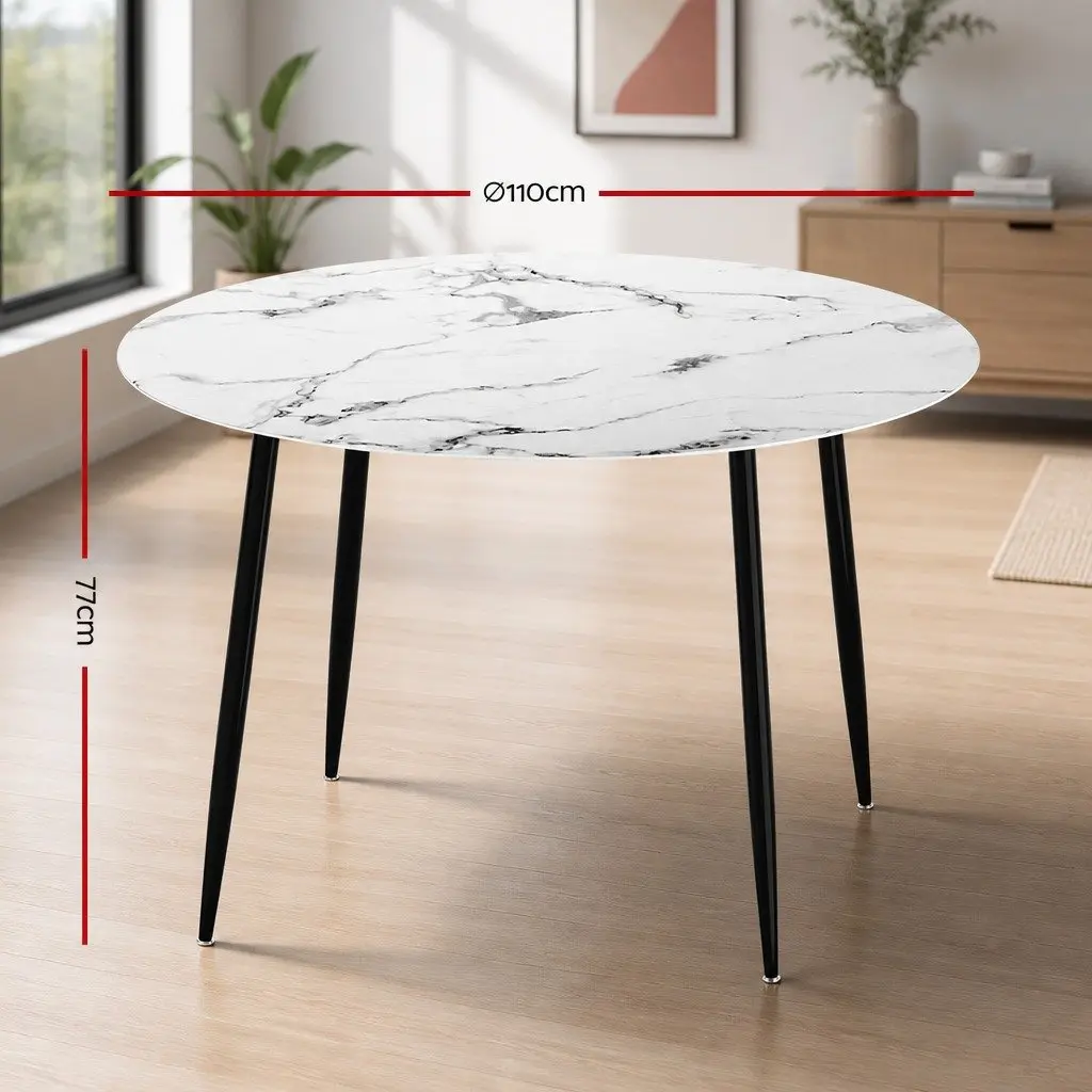 Round Dining Table Marble Effect 110CM Particle Board Metal Legs