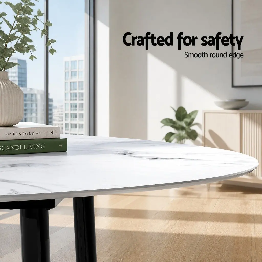 Round Dining Table Marble Effect 110CM Particle Board Metal Legs
