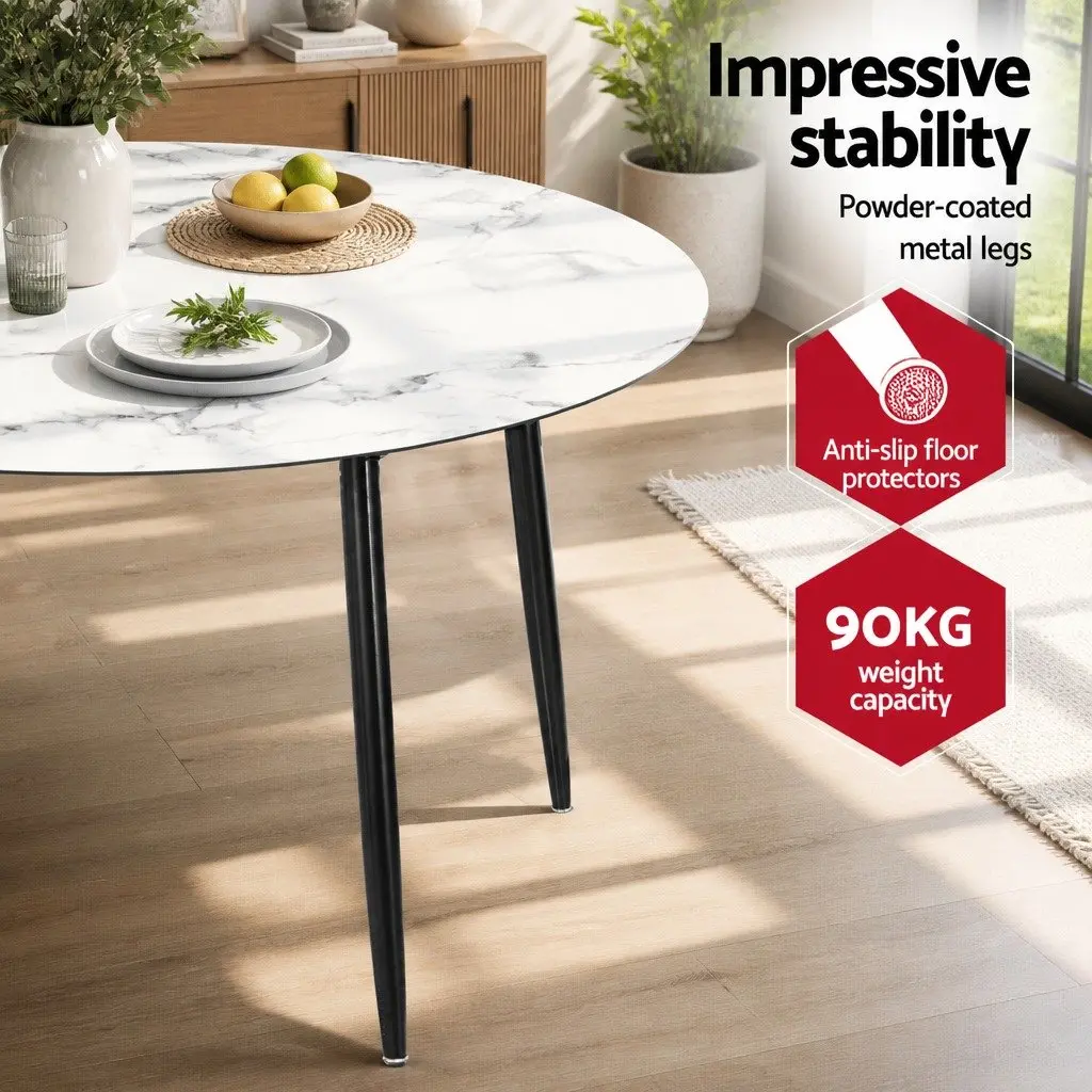 Round Dining Table Marble Effect 110CM Particle Board Metal Legs