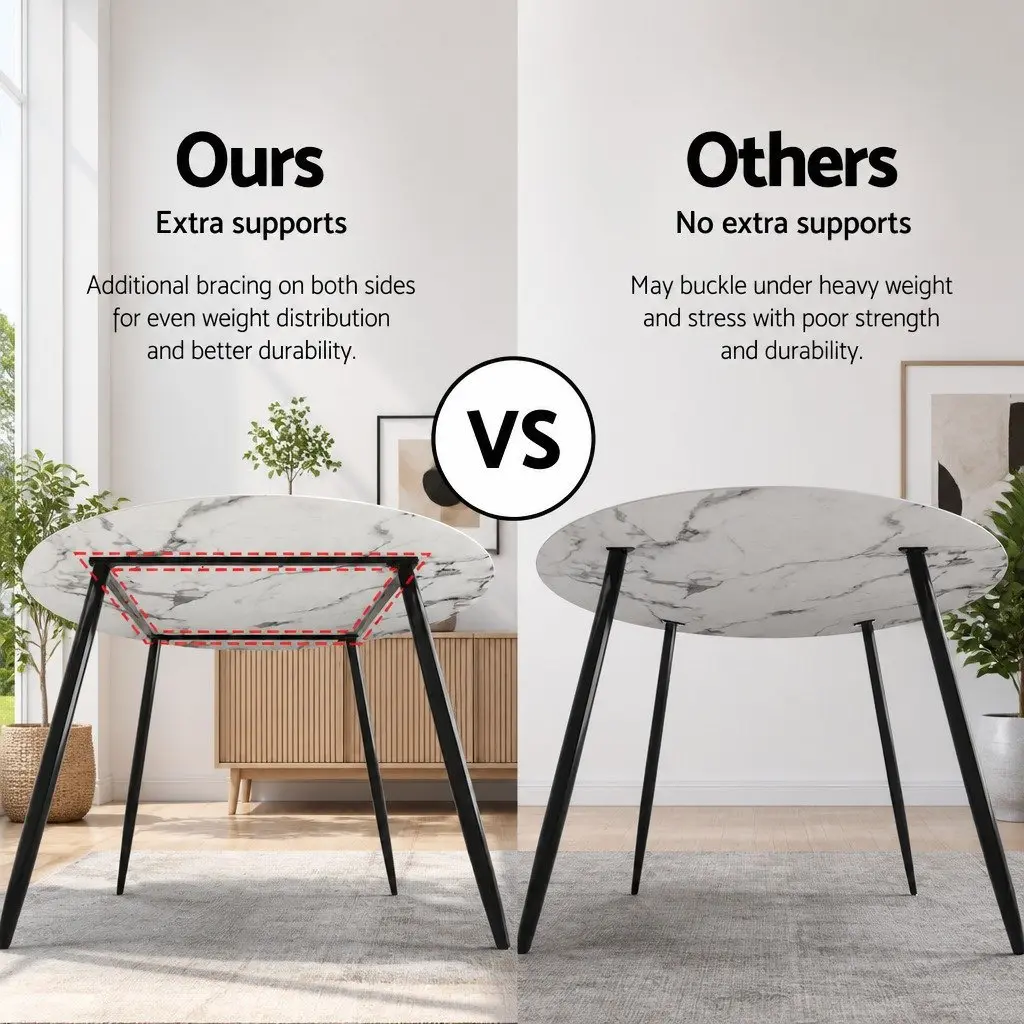 Round Dining Table Marble Effect 110CM Particle Board Metal Legs