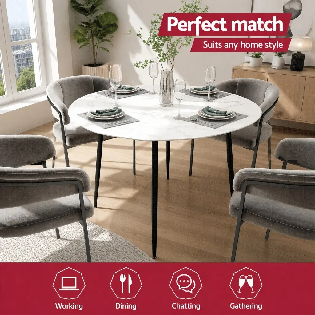 Round Dining Table Marble Effect 110CM Particle Board Metal Legs