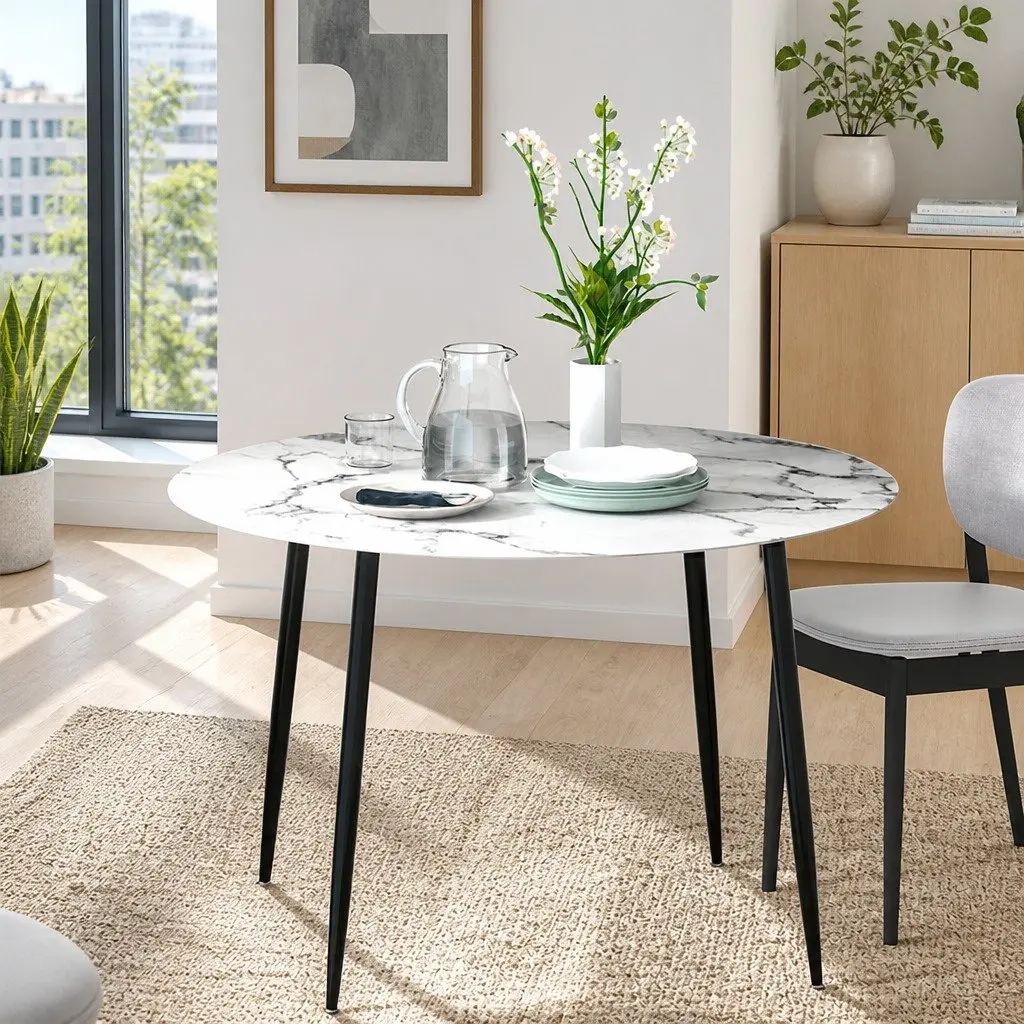 Round Dining Table Marble Effect 110CM Particle Board Metal Legs