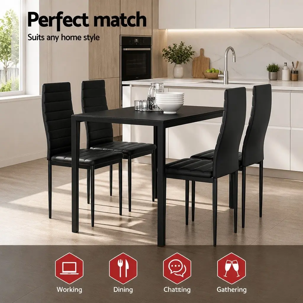 Dining Set Black Rectangular Table and 4 Chairs Modern Kitchen Furniture