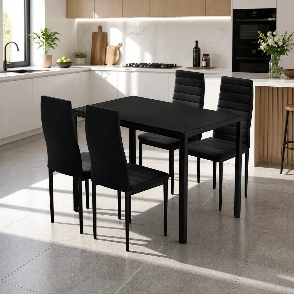Dining Set Black Rectangular Table and 4 Chairs Modern Kitchen Furniture
