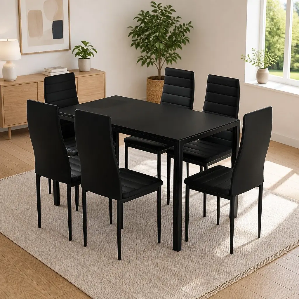 7 Piece Dining Set Contemporary Rectangular Table and 6 Chairs Black