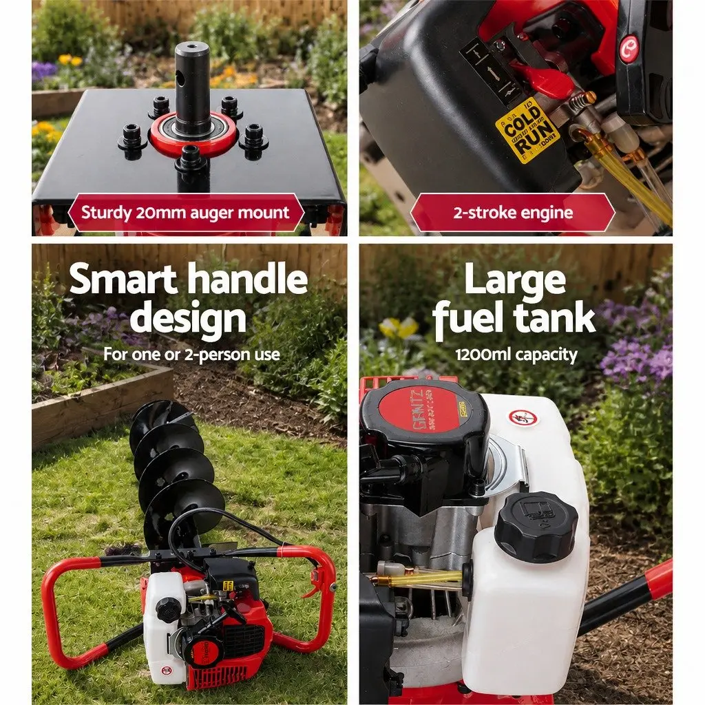 Post Hole Digger 65cc Petrol Powered 2-Stroke Engine with Auger Kit and Extension Bits