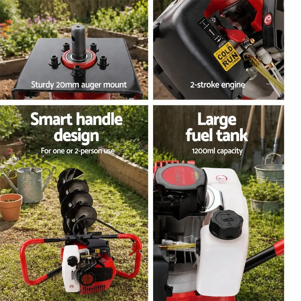 Post Hole Digger 65cc Petrol Powered 2-Stroke Engine with Auger Kit and Extension Bits