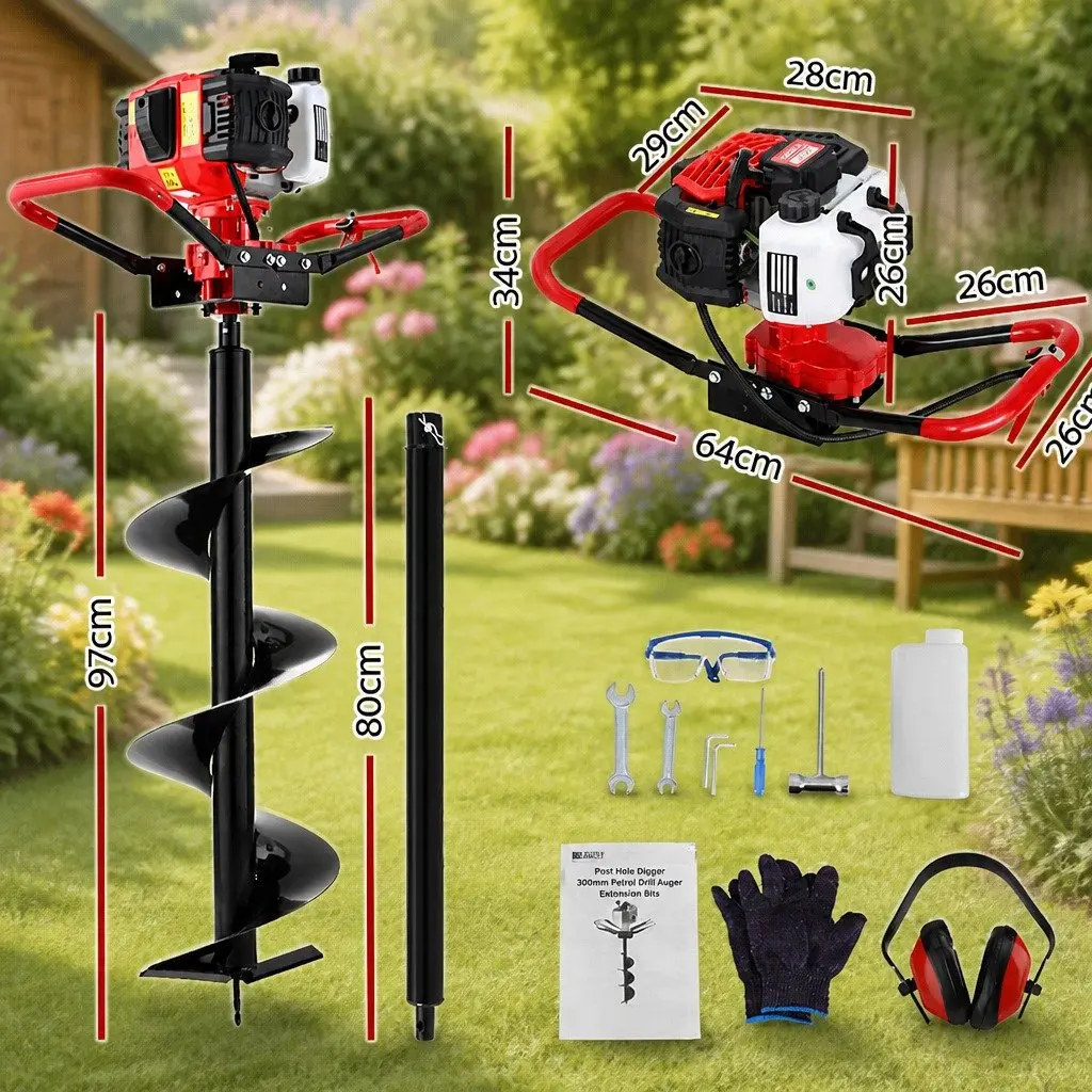 Post Hole Digger Heavy Duty Steel 300mm Auger with 65cc Engine and 80cm Extension