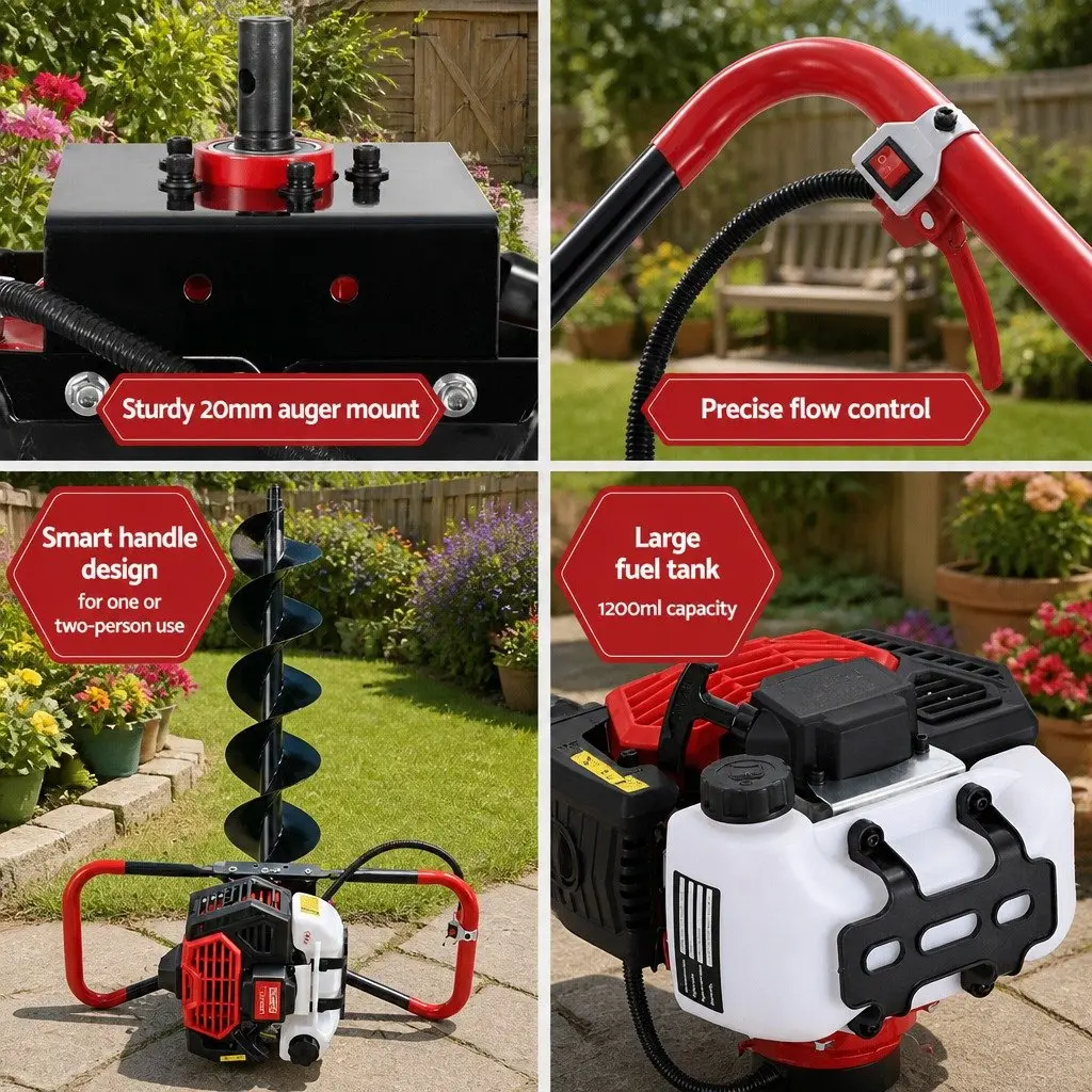 Post Hole Digger Heavy Duty Steel 300mm Auger with 65cc Engine and 80cm Extension