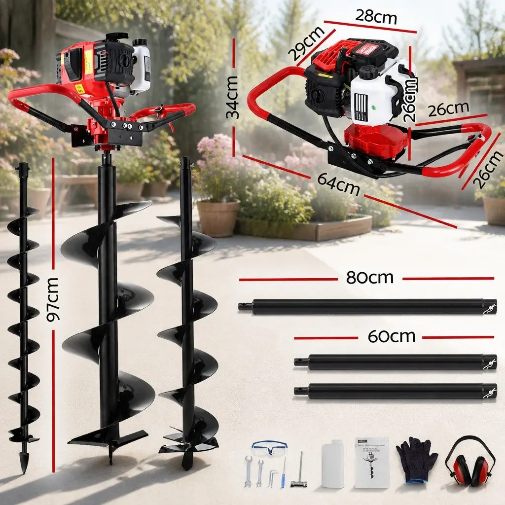 Post Hole Digger 65cc Petrol Engine Auger Drill Kit with Extensions & Bits