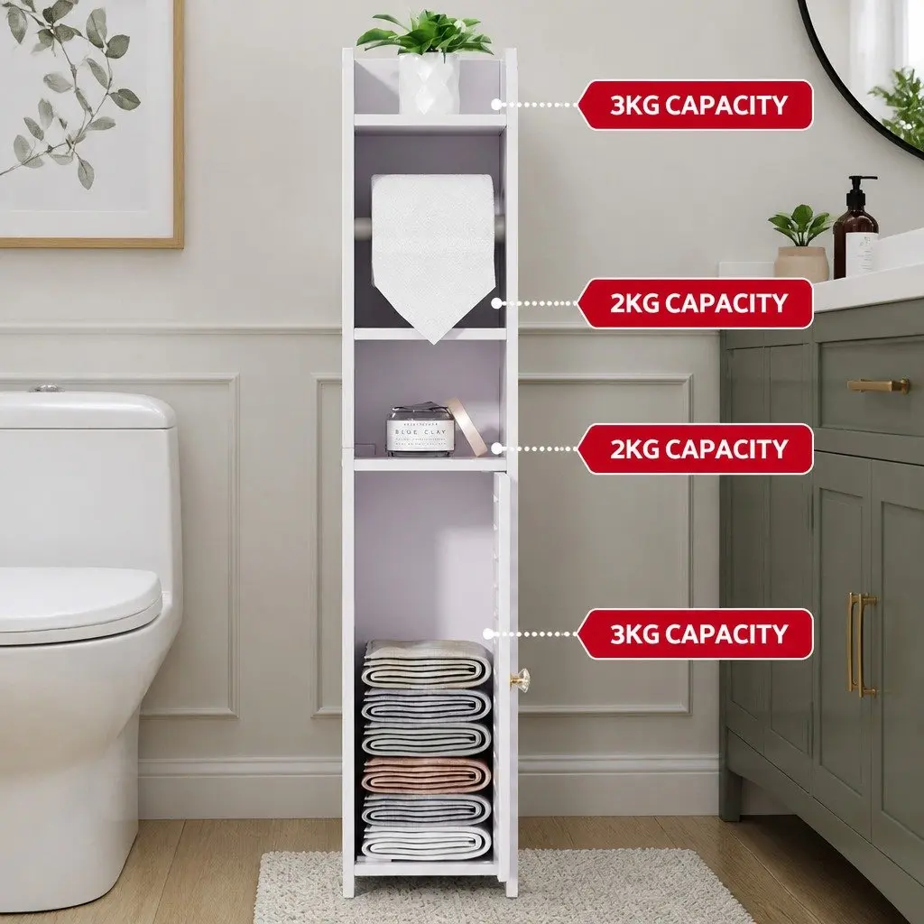 Bathroom Cabinet Toilet Roll Holder Storage 76cm White Cupboard Organiser