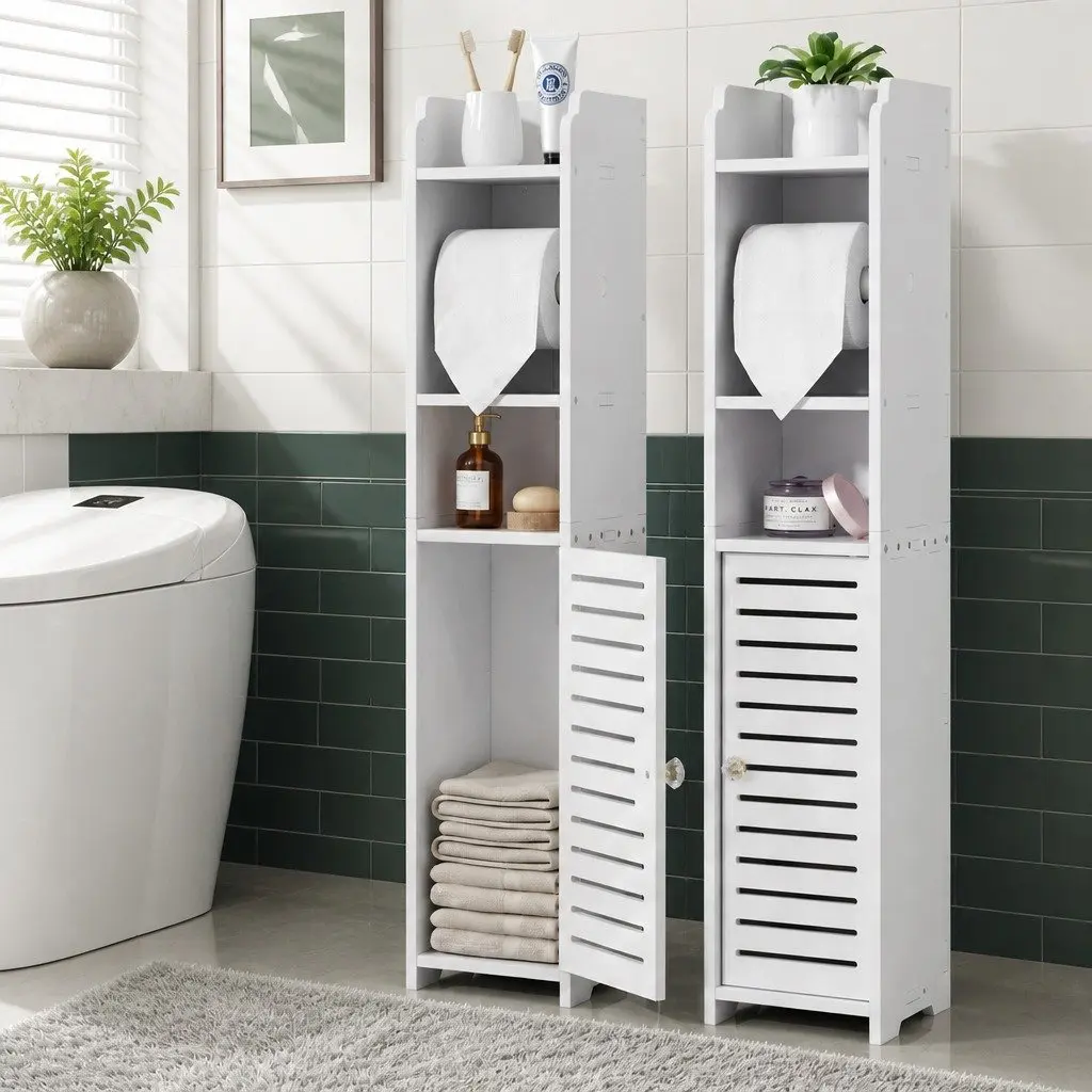 Bathroom Cabinet Toilet Roll Holder Storage 76cm White Cupboard Organiser