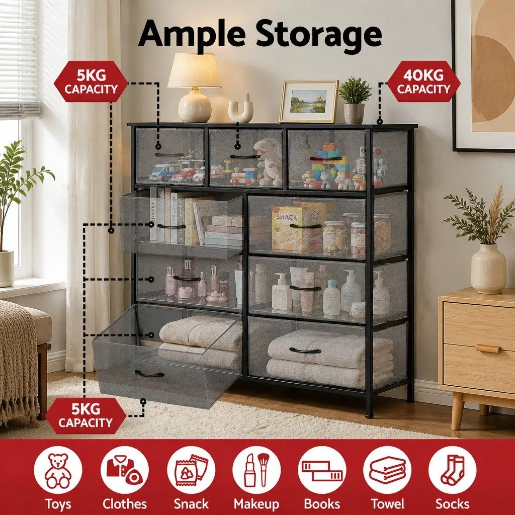 Chest of Drawers 9 Drawers Tallboy Grey Storage Organizer