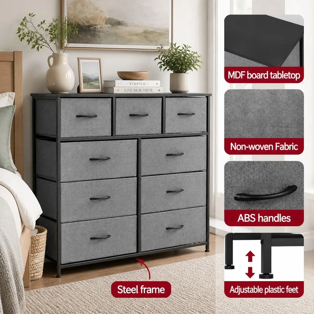 Chest of Drawers 9 Drawers Tallboy Grey Storage Organizer