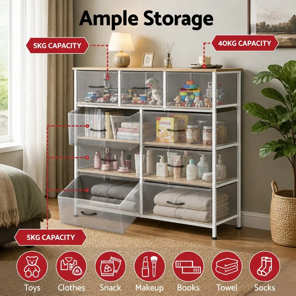 Chest of Drawers 9 Drawer Dresser Tallboy Storage Cabinet Bedroom Light Grey