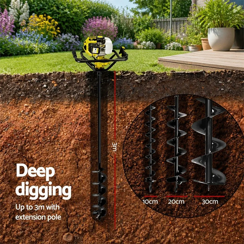 Post Hole Digger Petrol Auger 65cc Engine Extension Bits Yellow Boring Tool