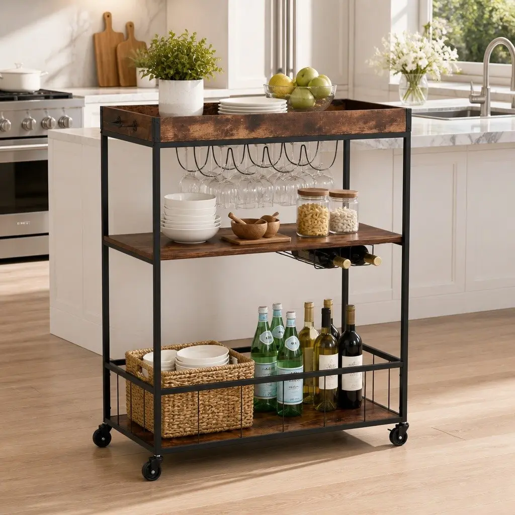 Mobile Kitchen Island with Three Tiers