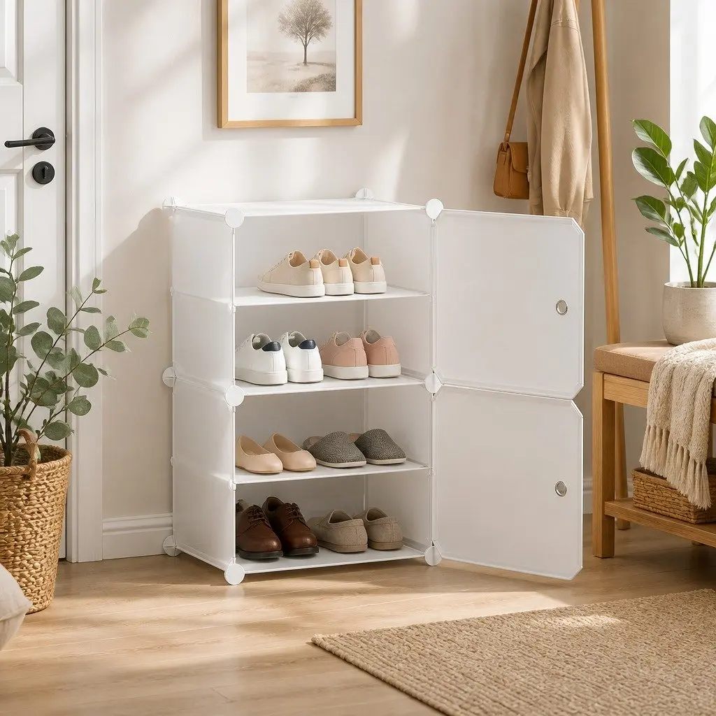 Shoe Rack Storage Cube Stackable Set of 2 White Organizer Cabinet