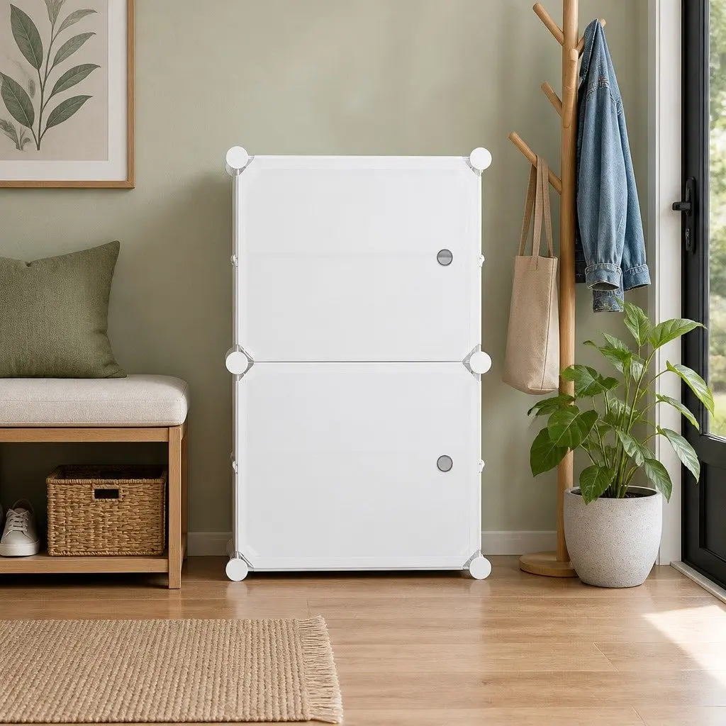 Shoe Rack Storage Cube Stackable Set of 2 White Organizer Cabinet