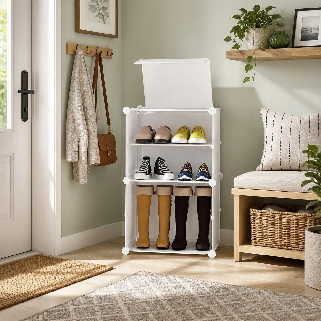 Shoe Rack Storage Cube Stackable Set of 2 White Organizer Cabinet