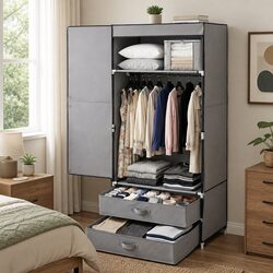 Large Portable Wardrobe Grey Clothes Closet Storage Organiser with Drawers &
