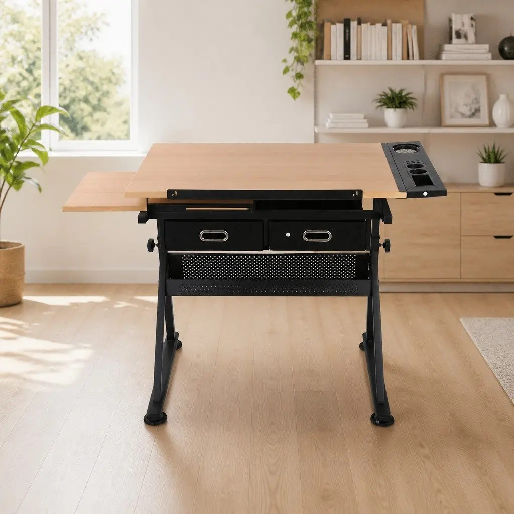 Drafting Table Drawing Desk with Adjustable Tilt Top Stool Set Natural Black