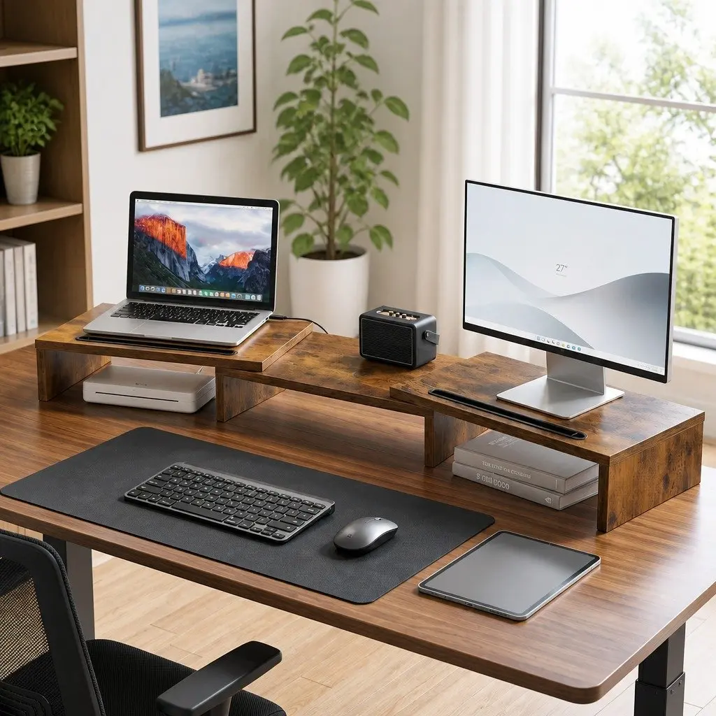Dual Monitor Stand Riser with Rotating Top Tablet Slot Storage Brown