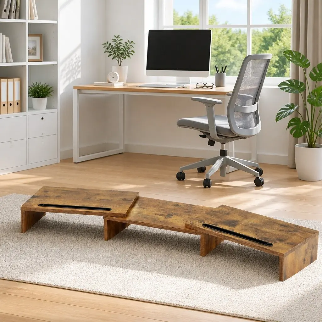 Dual Monitor Stand Riser Rotating Top Storage Brown 80-112cm