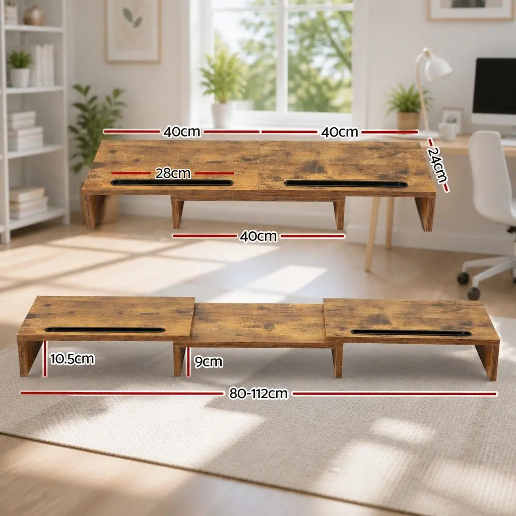 Dual Monitor Stand Riser Rotating Top Storage Brown 80-112cm