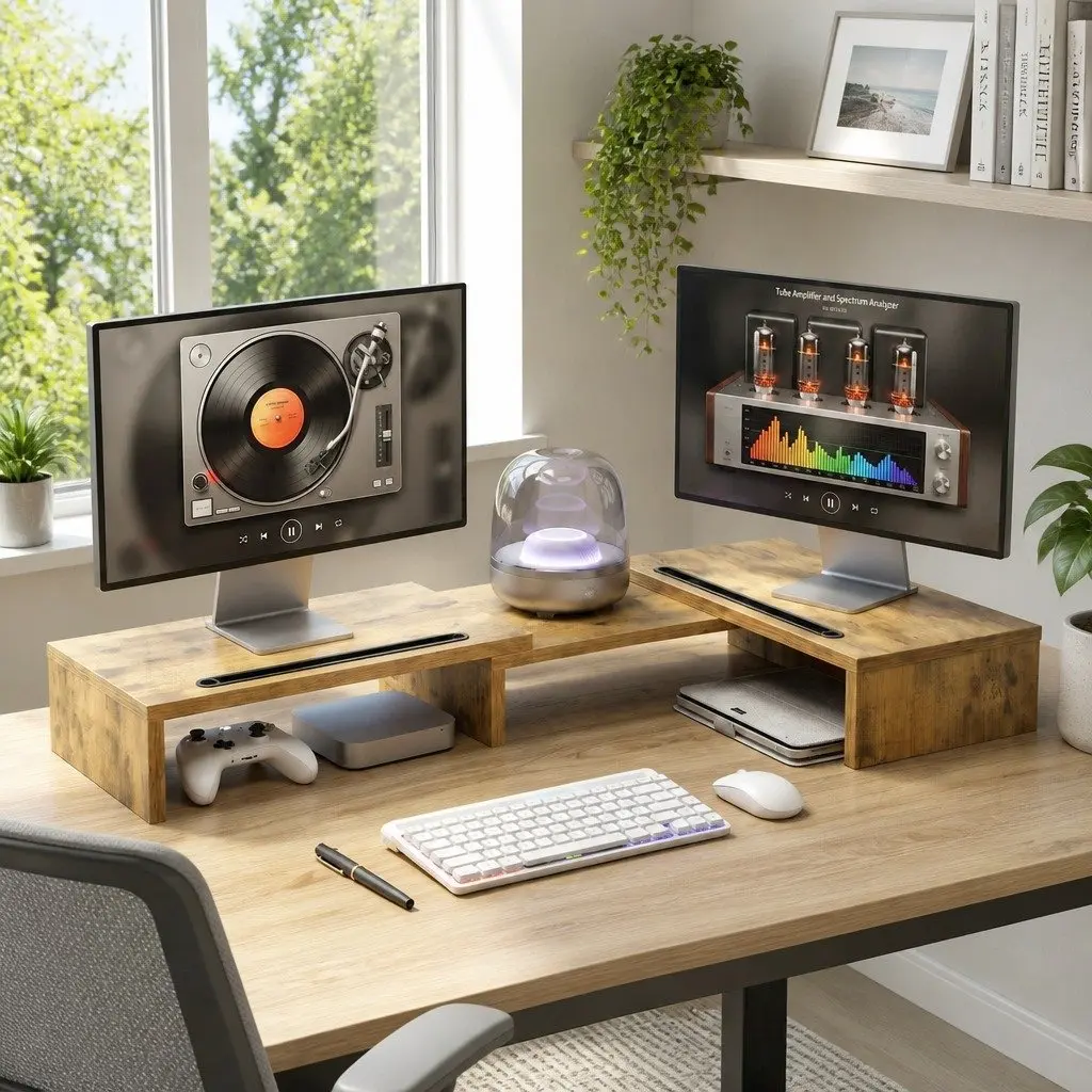 Dual Monitor Stand Riser Rotating Top Storage Brown 80-112cm