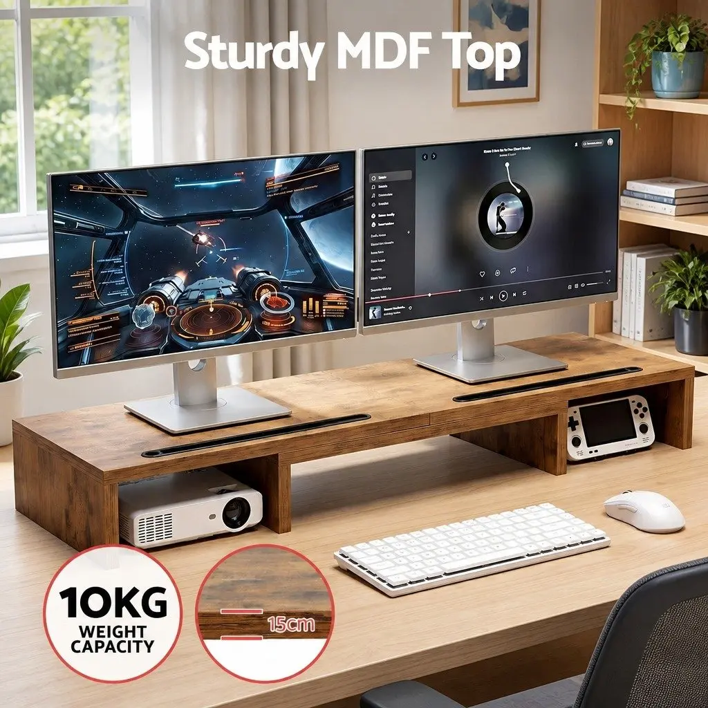 Dual Monitor Stand Riser Rotating Top Storage Brown 80-112cm