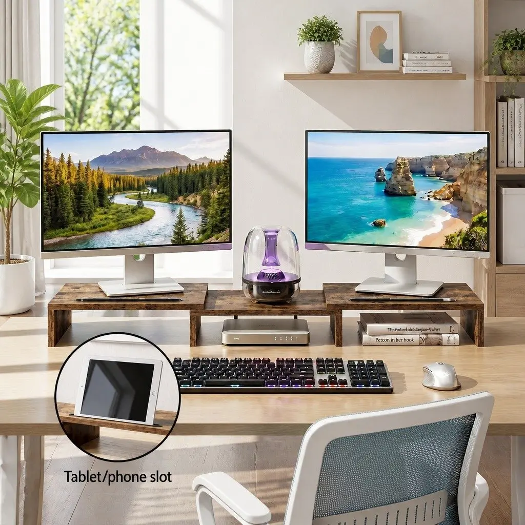 Dual Monitor Stand Riser Rotating Top Storage Brown 80-112cm
