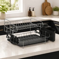 2-Tier Dish Rack Drying Drainer with Cutlery Tray Cup Holder Kitchen Organiser